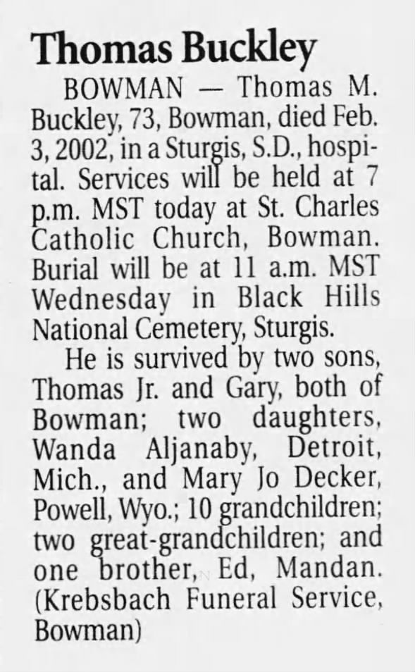 Obituary for Thomas M. Buckley (Aged 73)